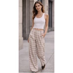 Lioness Mulholland Plaid Wide Leg Pants Beige High Rise Trouser XS